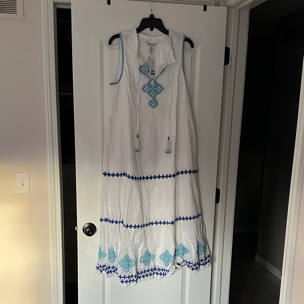 Tommy Bahama White Midi Dress with Blue & Teal Embroidery